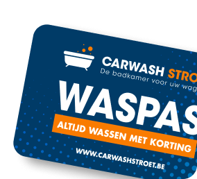 Een blauwe kortingskaart van Carwash Stroet met de tekst "Waspas - Altijd wassen met korting".